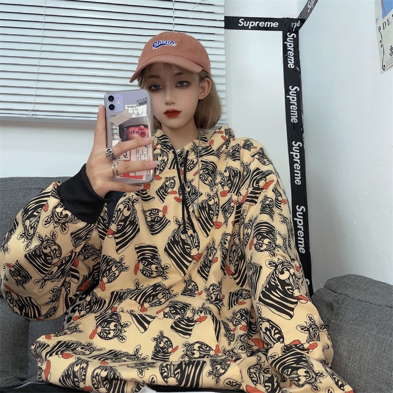 ZHELIHANGFEI Áo Hoodie Dài Tay In Họa Tiết Ngựa Vằn Thời Trang Cá Tính