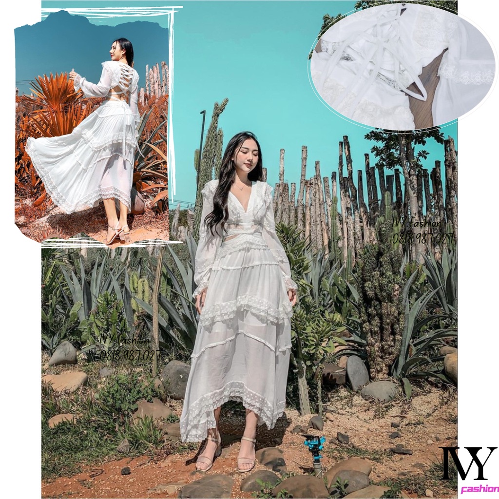 Đầm váy maxi trắng 🔥voan phối ren🔥 đan lưng tay dài cutout eo đi biển dự tiệc dạo phố bigsize gợi cảm sexy