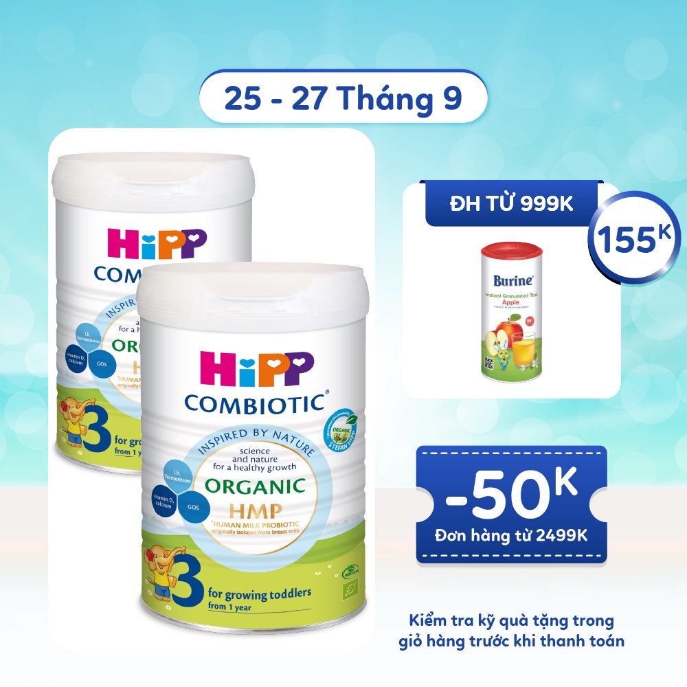 Combo 2 lon Sữa bột công thức HiPP 3 Organic Combiotic 800g hỗ trợ tiêu hóa và tăng chiều cao (2 lon x 800g)