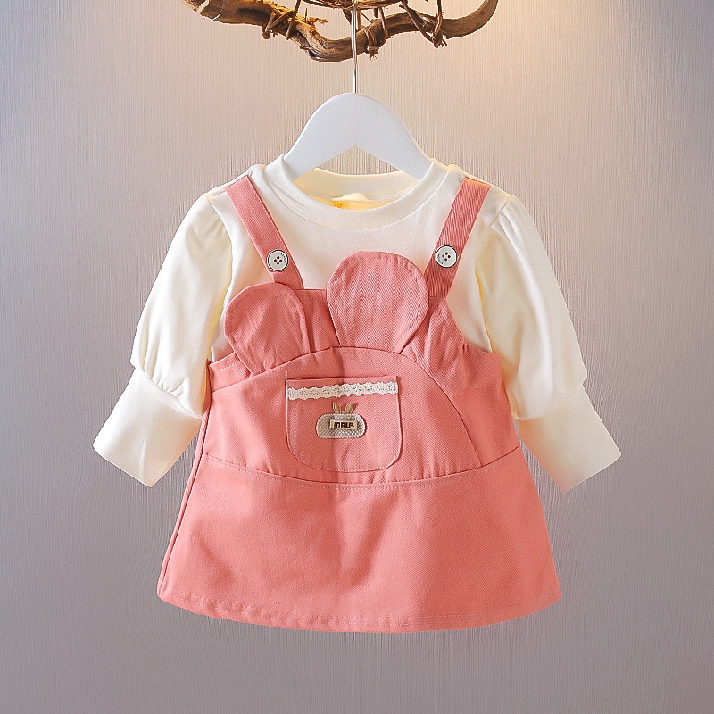 Váy bé gái mùa thu giả yếm thiết kế tai thỏ đáng yêu hàng quảng châu cao cấp