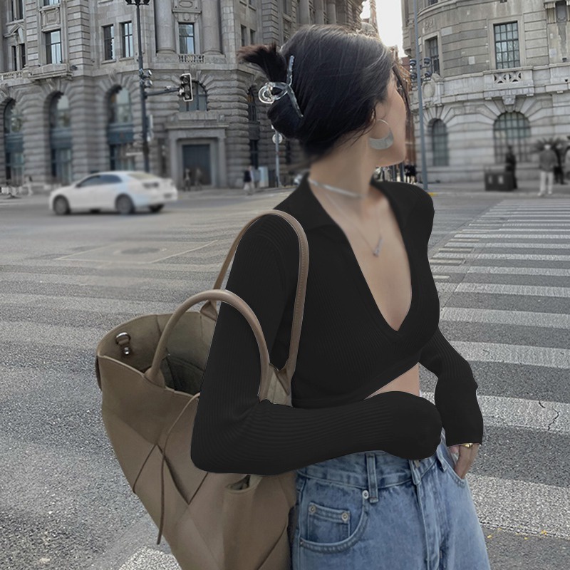 Áo Dệt Kim Tay Dài Cổ Chữ V Hở Lưng Màu Sắc Đơn Giản Phong Cách Retro Dành Cho Nữ