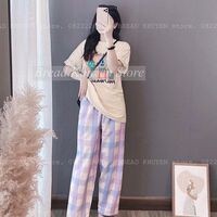 Sét đồ nữ, đồ bộ mặc nhà nữ, aó phông, quần kẻ caro, mã l12