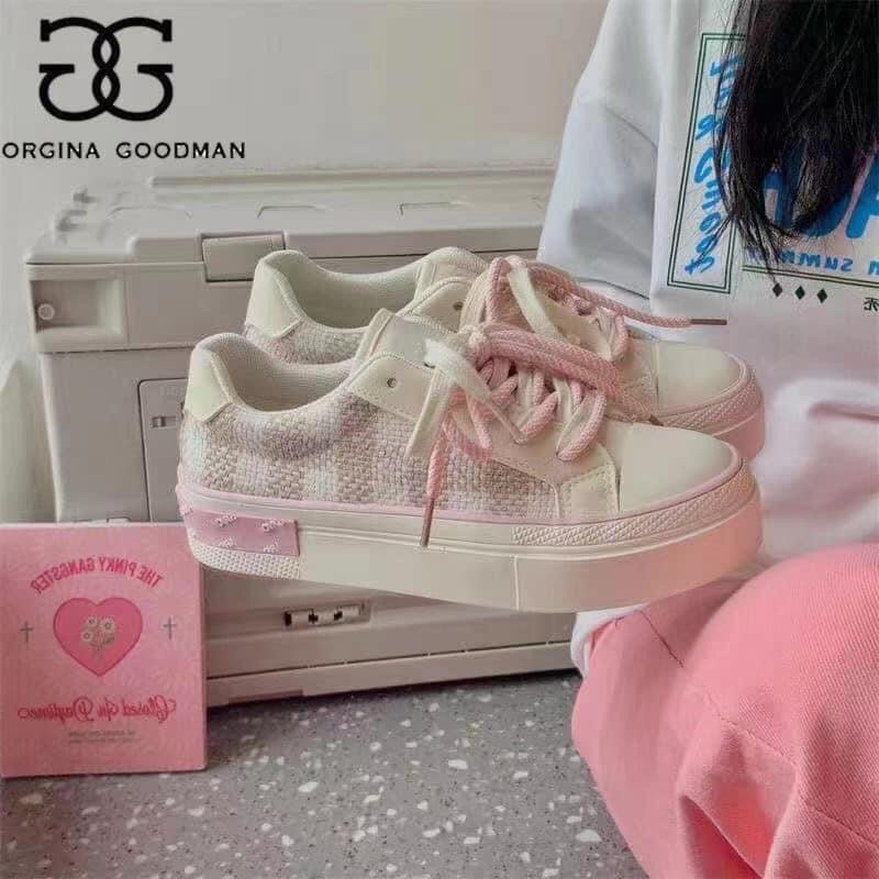 Giày thể thao nữ vải caro đan kim tuyến thời trang