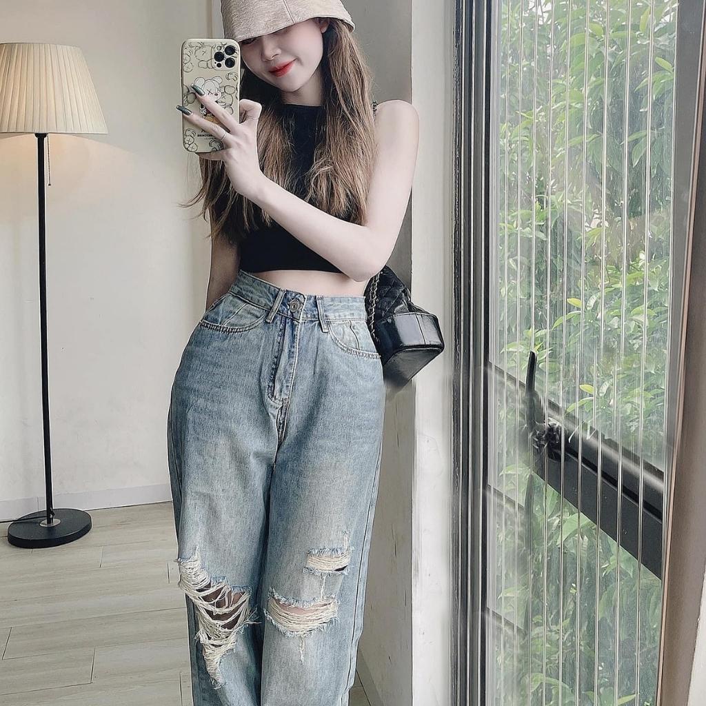 Quần Jean Ống Rộng Rách Gối Dài 102cm Fom Chuẩn Đẹp Siêu Hot