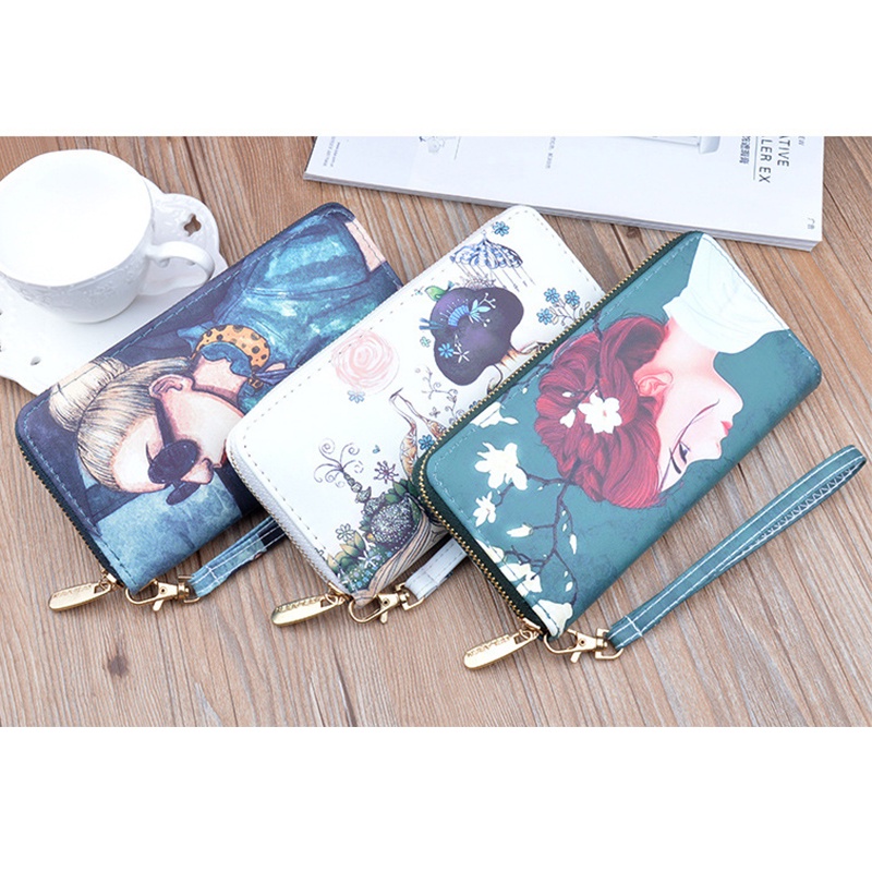 Ví nữ đẹp dáng dài cầm tay họa tiết độc đáo cô gái phong cách Hàn Quốc nhiều ngăn có khóa kéo đựng vừa điện thoại VD001