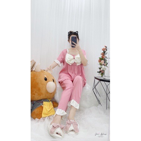 Đồ Ngủ Pijama Nữ,Đồ Bộ Nữ,tiểu thư phối màu nơ cổ vuông quần dài-áo tay ngắn