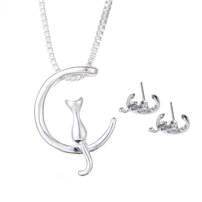 1 Set Vòng cổ Và Bông Tai Hình Mèo Dễ Thương