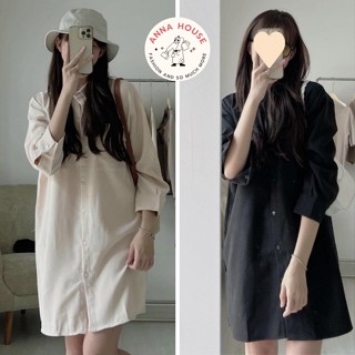 Váy sơ mi nhung tăm dáng suông tay dài form rộng, Đầm sơ mi dài dáng suông chất nhung tăm Ulzzang AnnaHouse