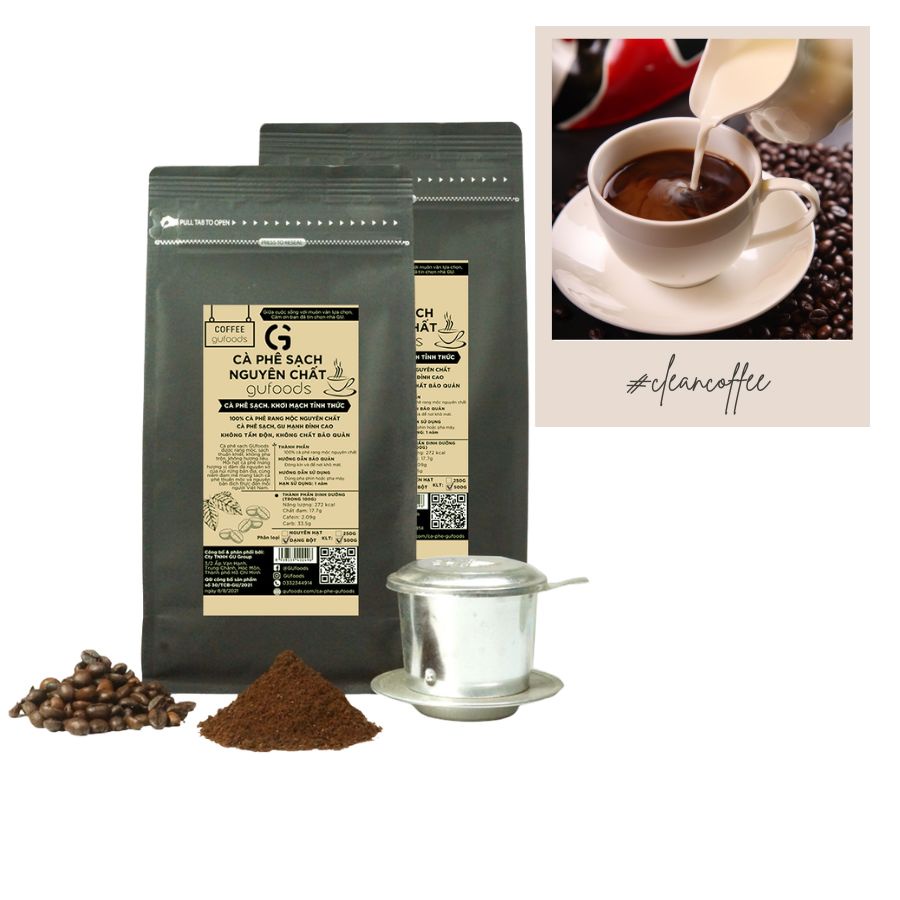 Combo 2 gói Cà phê sạch nguyên chất GUfoods - Robusta rang mộc, Nguyên hạt / dạng bột (mỗi túi 50g/250g/500g)