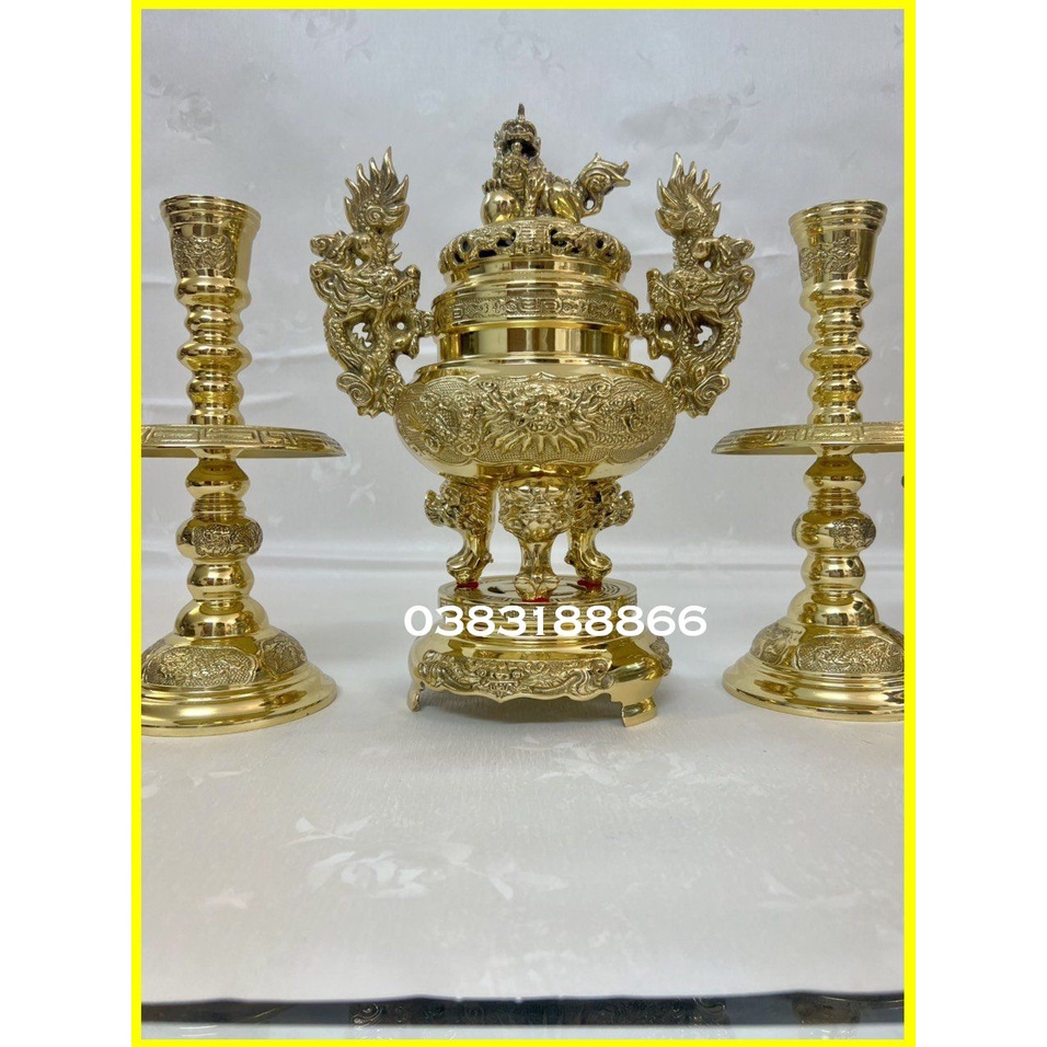 Bộ đỉnh đồng tam sự(1 đỉnh và 2 nến) bằng đồng hàng công ty cao 25,5cm,đồ thờ cúng gia tiên