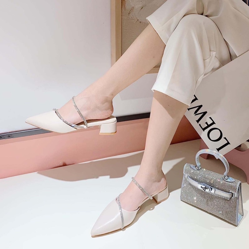 Sục Bít Mũi Hở Gót Phối Dây Chéo Kim Tuyến 4cm Gót Vuông 4p Guốc Đi Tiệc
