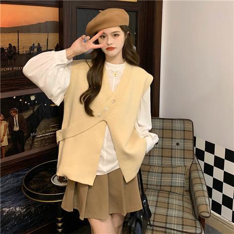 Bộ Áo Sơ Mi + Áo Vest Dệt Kim Cổ Chữ V Phối Nút Chéo Thiết