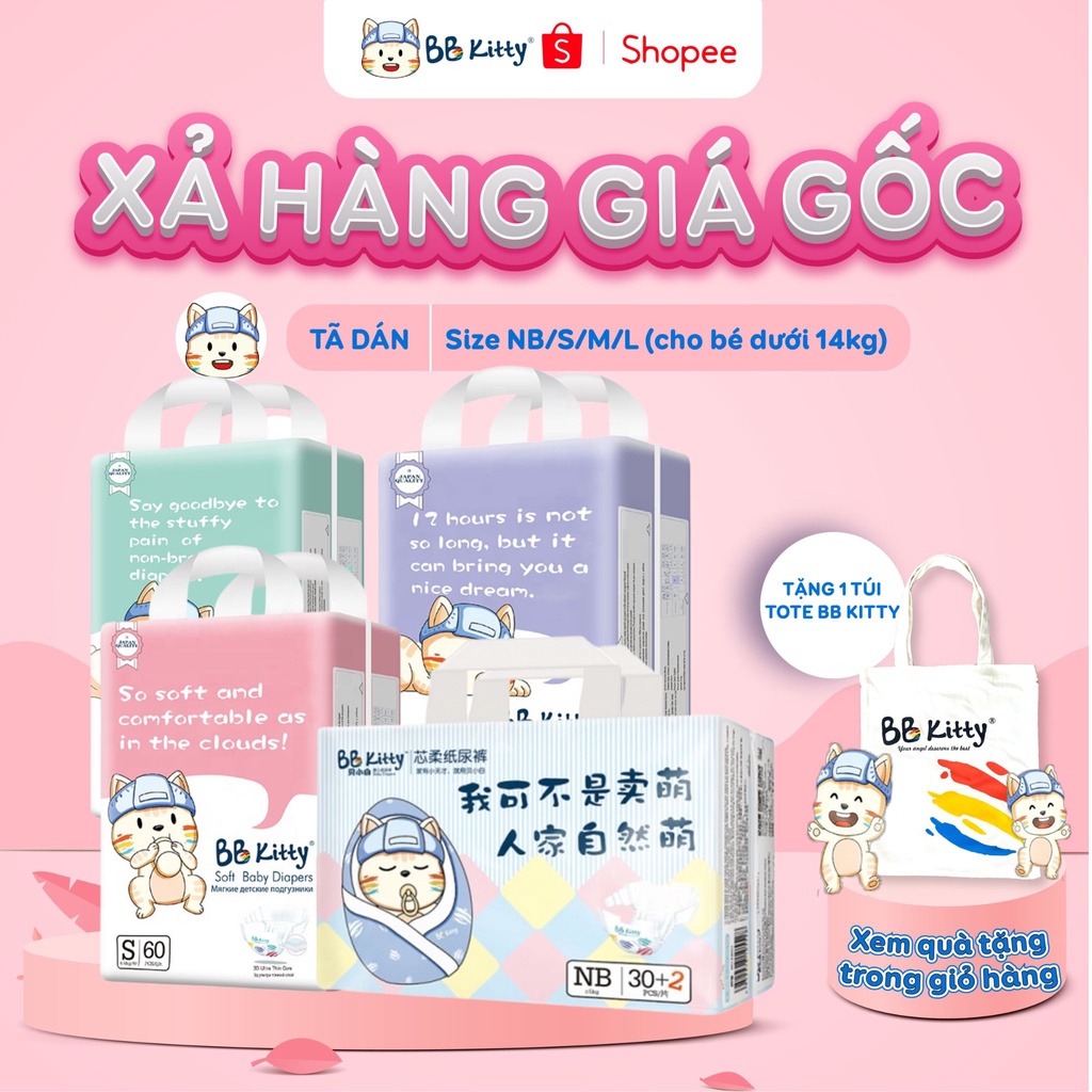 Tã bỉm dán/quần BB Kitty size NB36/S60/M52/L46 cho bé dưới 14kg, bỉm nội địa Trung siêu thấm hút, an toàn cho bé