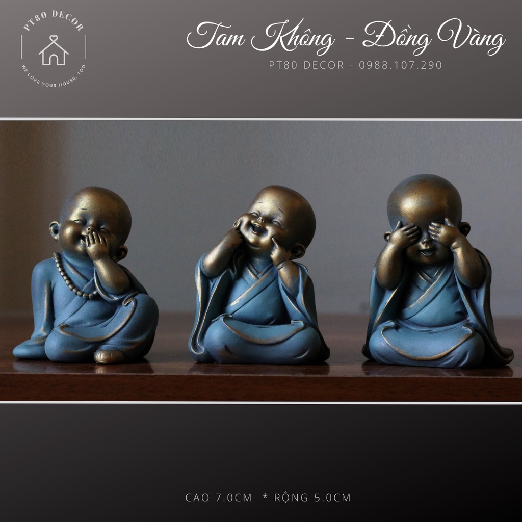Bộ Tượng Chú Tiểu Tam Không, Yêu Đời, Tự Tại, An Yên phủ đồng sắc nét & dát vàng sang trọng - Bộ quà tặng An Nhiên PT80