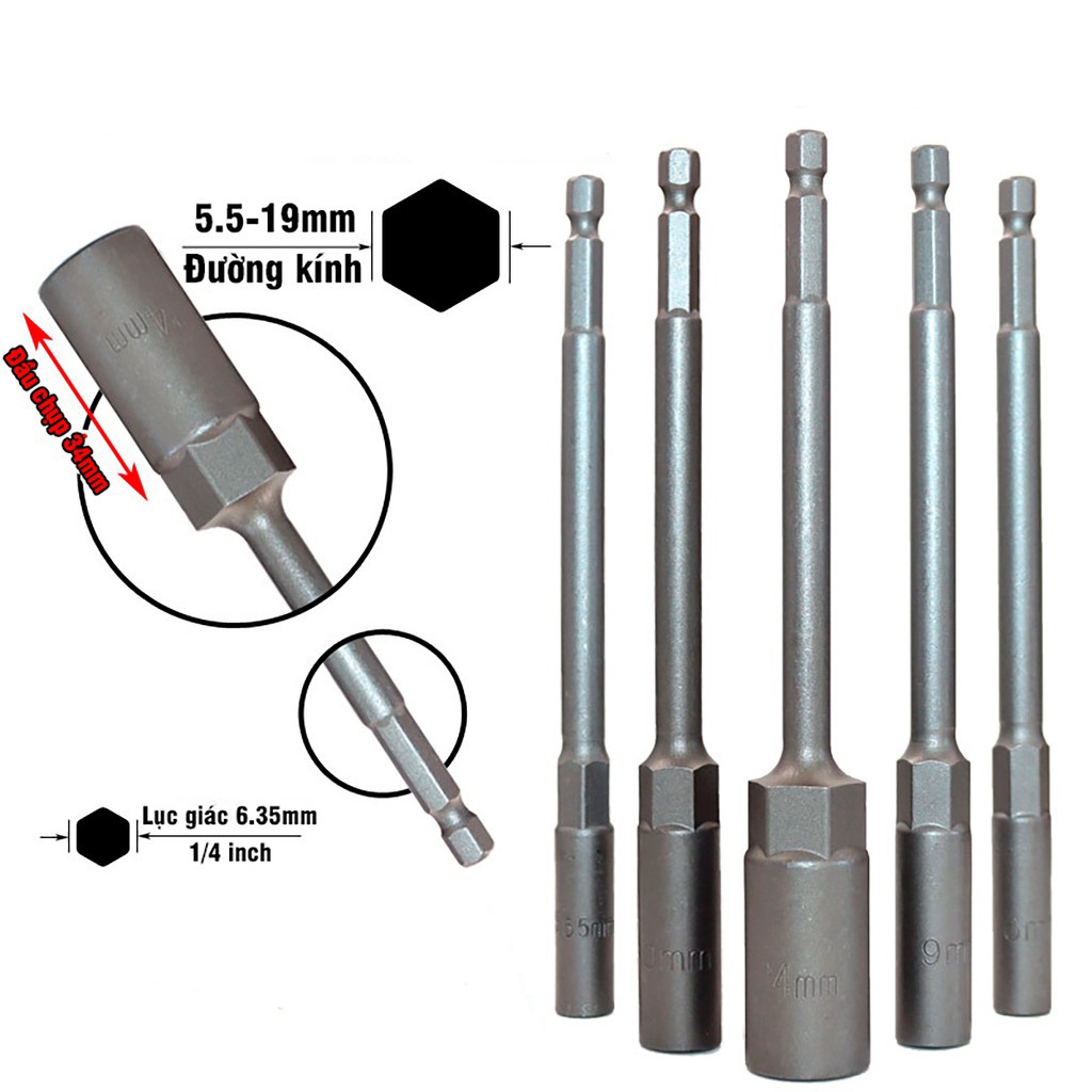 Bộ Đầu chụp mở bulong sâu lòng dài 150MM chân lục giác 6.35mm gồm 15 cỡ bán đủ size