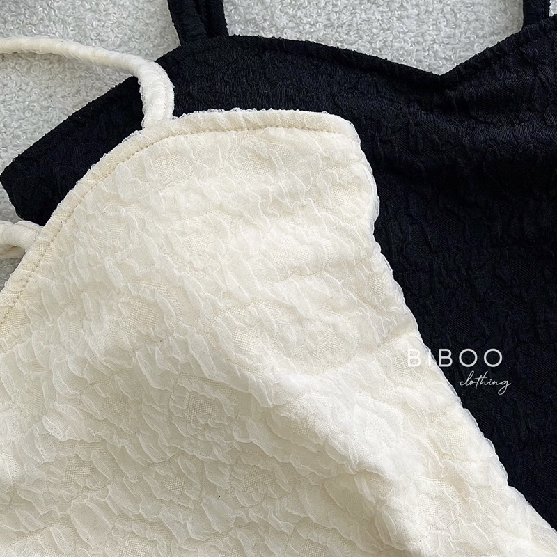 BIBOO - Áo hai dây croptop có mút ngực, phía sau nhún lưng chất liệu voan hoa nổi IVY TOP