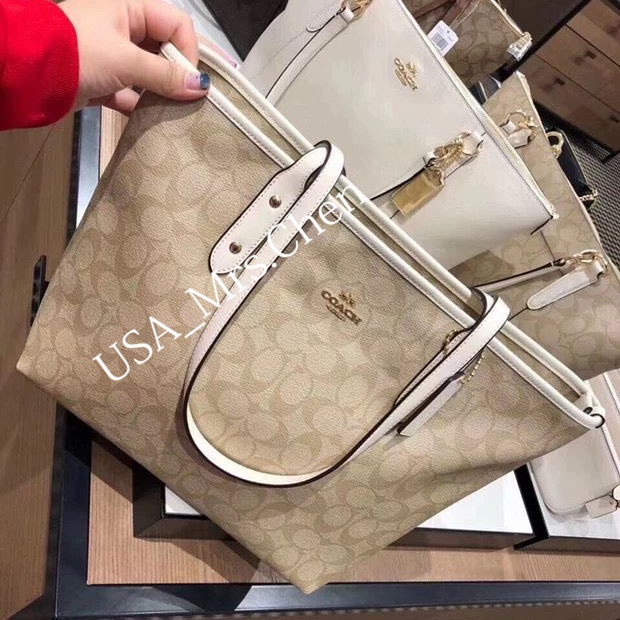 Túi tote dây kéo COACH, giấy mua hàng chính hãng F58292 girl shop bag mummy bag