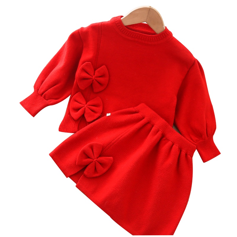 Bộ Áo Sweater Dệt Kim Giữ Ấm Đính Nơ Phối Chân Váy Dễ Thương Thời Trang Thu Đông Cho Bé Gái