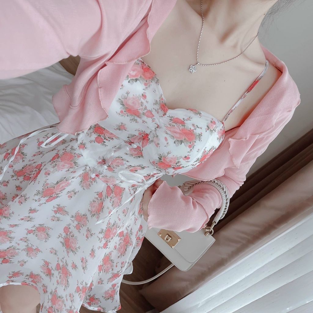 Sét 2 món áo khoác tay dài kèm đầm voan hoa hai dây nhún ngực đính cườm xinh xắn dễ thương