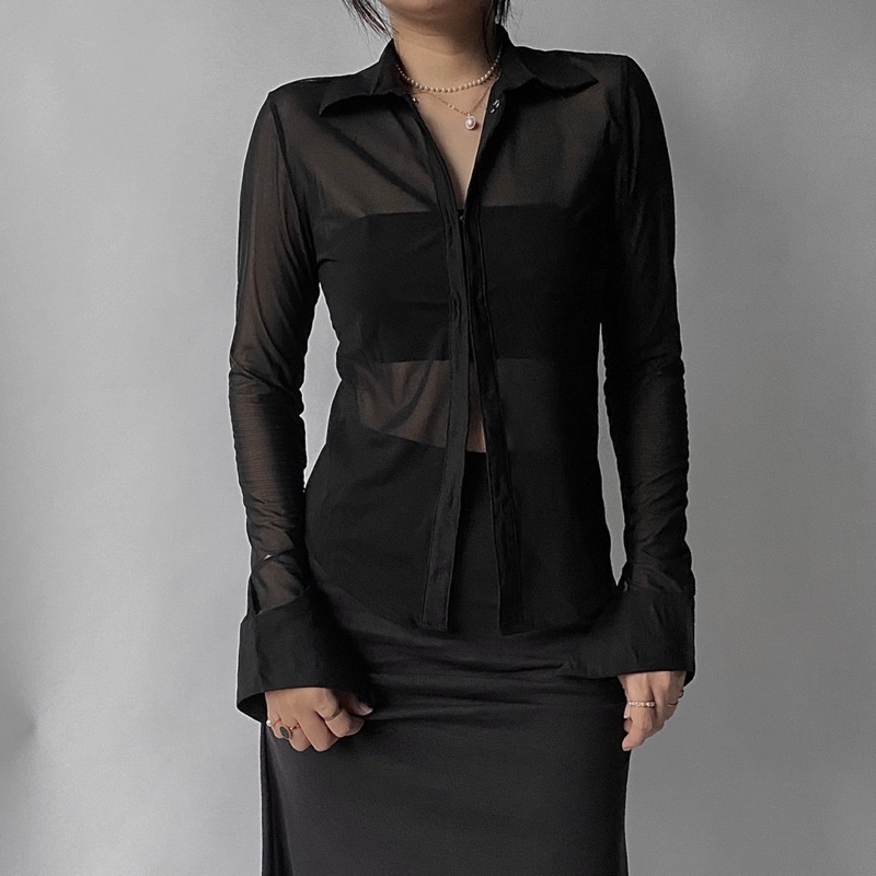 DENY TOP - Áo sơmi lưới dài tay + Áo ống đen (kèm bra) HEIBYHER