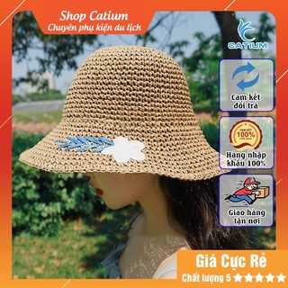 Nón cói hoa cúc, Mũ cói đi biển dễ thương cho nữ, chất liệu mũ cói mềm phối nơ đẹp sẵn hàng tiệm Catium
