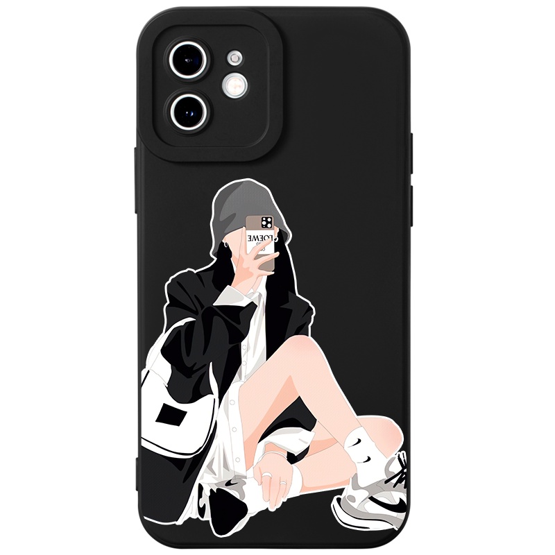 Ốp điện thoại JURSUE hoạt hình cặp đôi dễ thương đẹp nam nữ chống bẩn đen Cho iPhone 14 13 12 11 Pro Max SE 2020 X XR XS 8 7 ip 6S 6 Plus kute XYH745