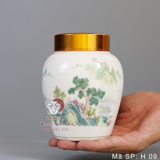 Hữ đựng trà bằng sứ 600ml 2 nắp đồng siêu kín