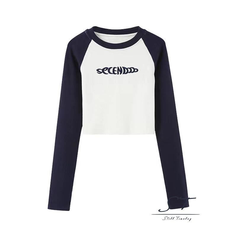 Áo Thun Croptop Dệt Kim Tay Dài Cổ Tròn In Chữ Màu Sắc Thời Trang Đường Phố Cho Nữ CY03