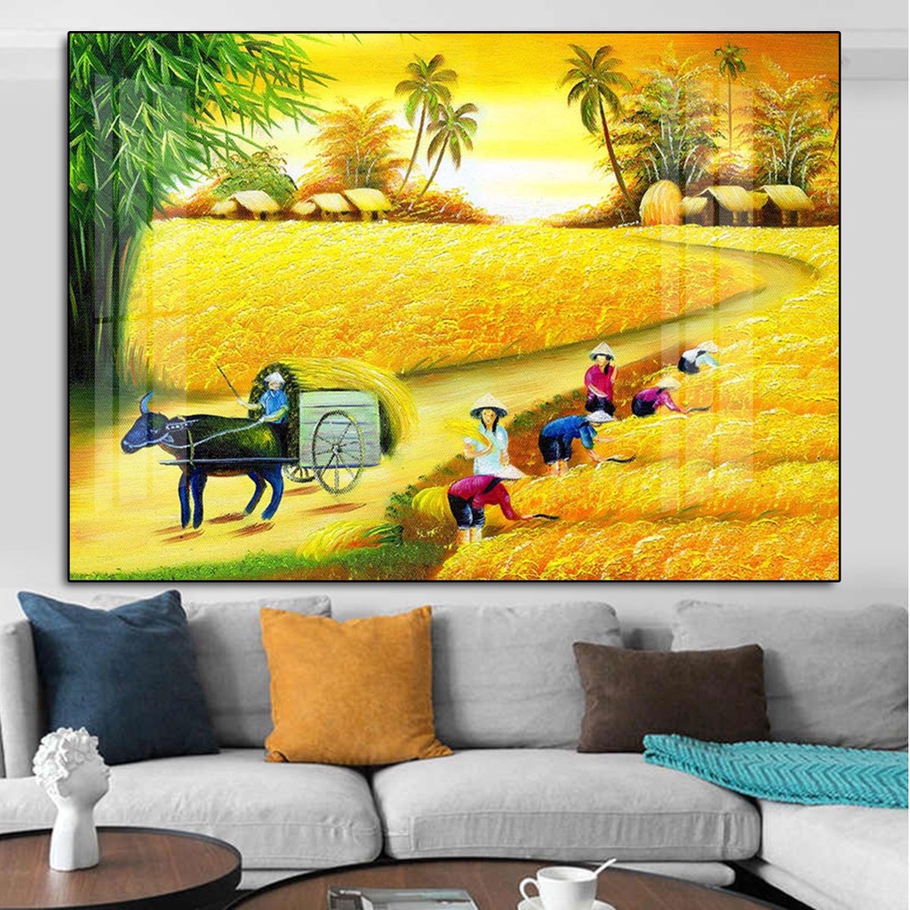 Tranh Treo Tường Đồng Quê Cây Đa Giếng Nước Sân Đình/ Tranh Treo Tường Phòng Khách Trang Trí Nhà Cửa/ Tranh Tráng Gương