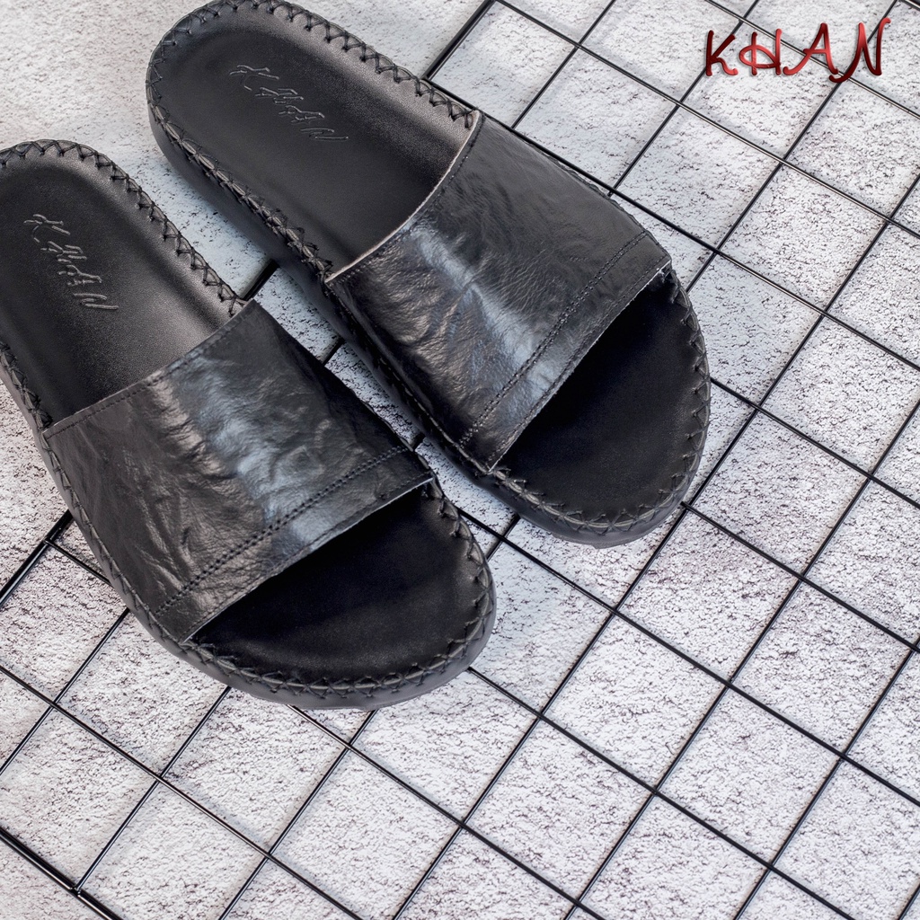 Dép Nam quai ngang , quai ngang trơn da bò cao cấp A-02 màu đen