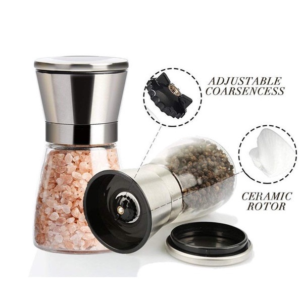 Lọ Xay Tiêu Inox, Dụng Cụ Xay Tiêu Cầm Tay, Cối Xay Hạt Tiêu Thủy Tinh Nắp Inox Cao Cấp Răng Nghiền Bằng Sứ Chuyên Dụng
