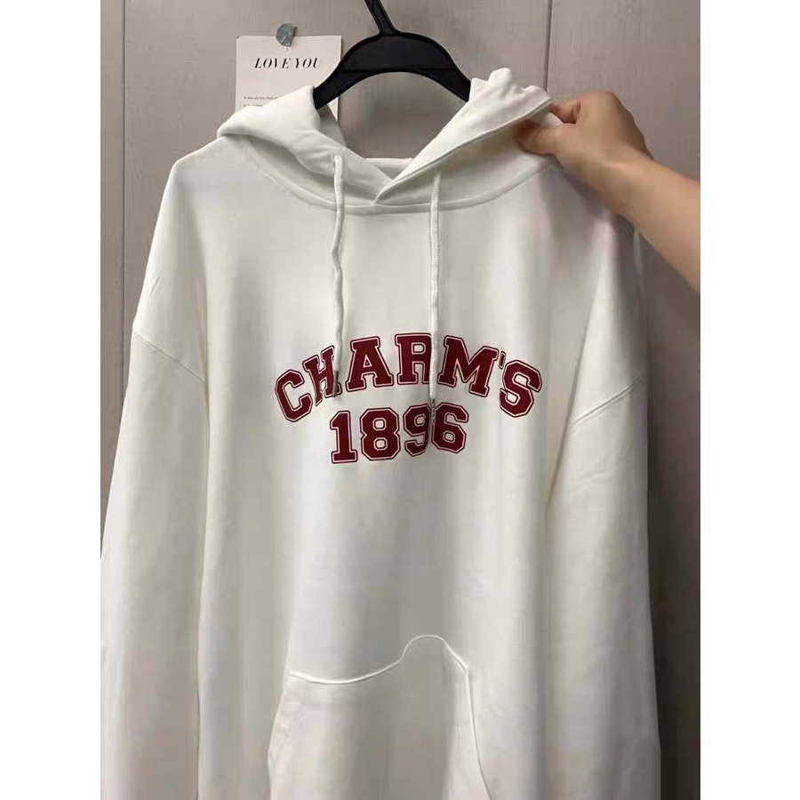 Áo Hoodie trắng in chữ đỏ Charm's 1896 áo nỉ bông dày dặn cho nam nữ mùa đông