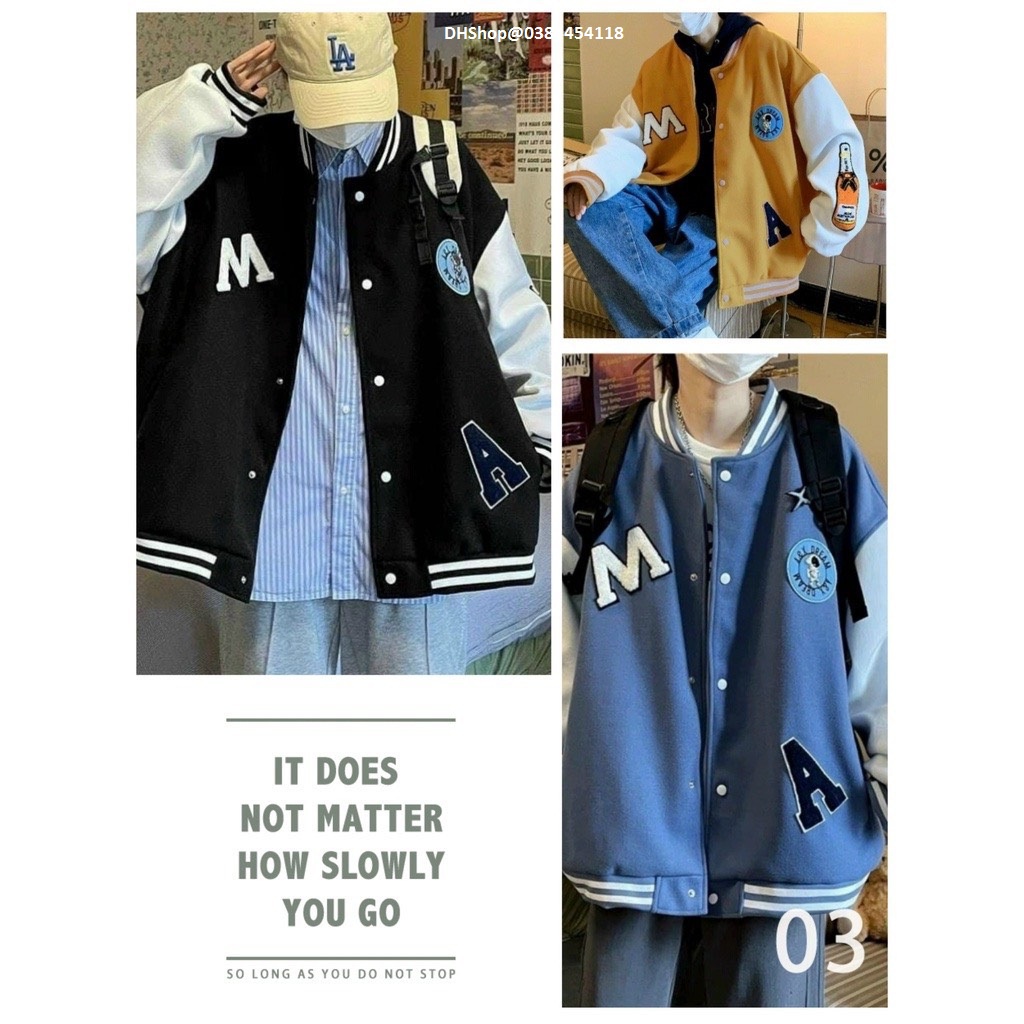 Áo khoác bomber unisex nam nữ couple, áo khoác varsity jacket cổ sọc in chữ M.A tay in hình chai rượu Bunny_026