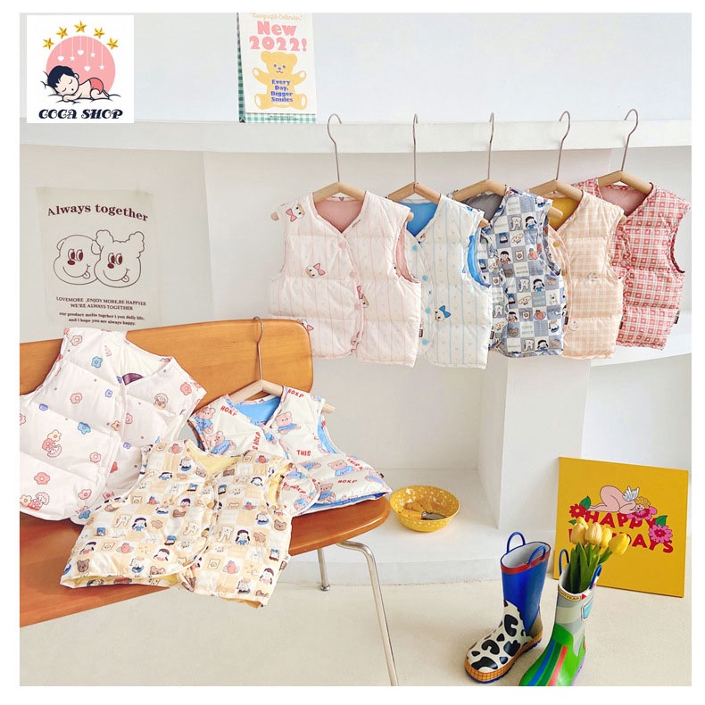 Áo Gile Phao Siêu Nhẹ Mặc 2 Mặt Phong Cách Hàn Quốc Siêu Xinh Cho Bé