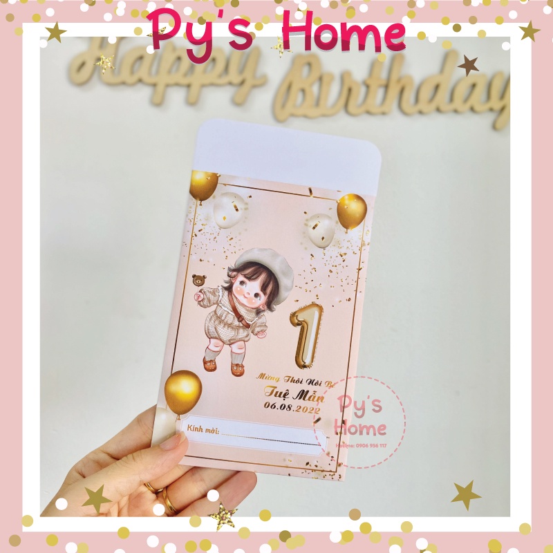 Thiệp Thôi Nôi - Sinh Nhật thiết kế cho Bé Gái - Chủ đề CHIBI Hồng Gold