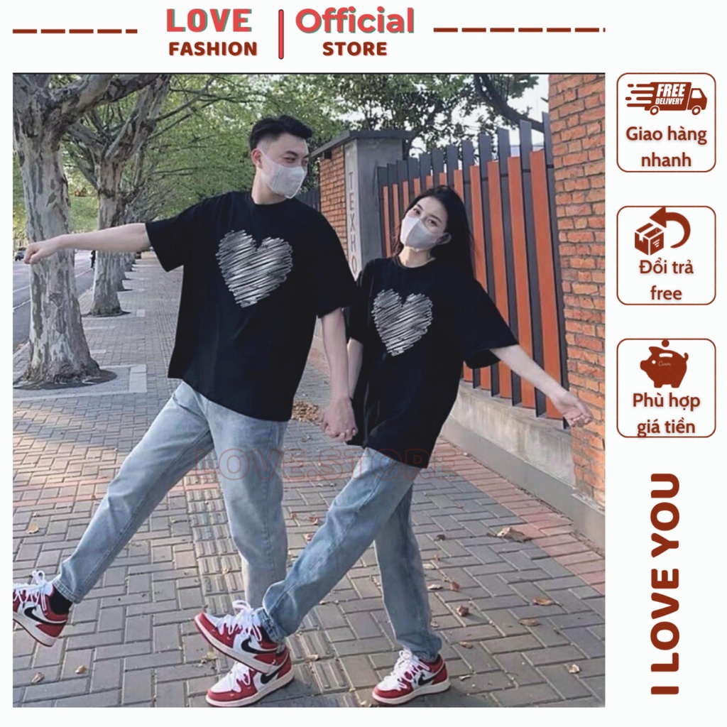 Áo thun cặp đôi tay lỡ unisex, Áo đôi TRÁI TIM dễ thương mặc đi chơi ăn uống oppa đã có bồ