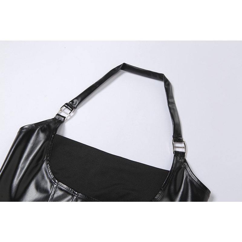 Áo Tank Top Da PU Hở Lưng Phối Khóa Kéo Phong Cách Đường Phố Cá Tính Cho Nữ