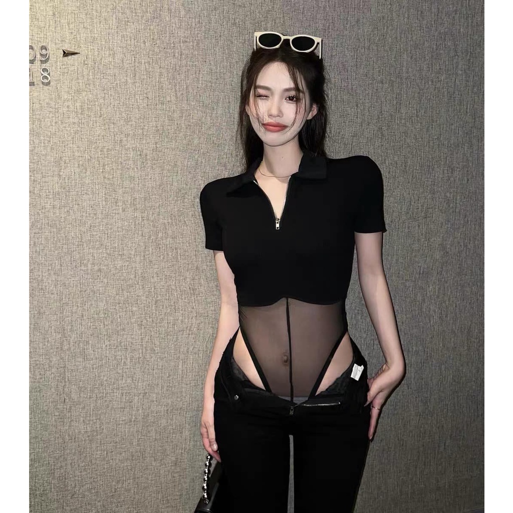 Áo bodysuit đen khoét lỗ rỗng hở eo hông sexy khâu lưới xuyên thấu bụng rốn sát nách tay ngắn dài gợi cảm dây kéo cổ bẻ