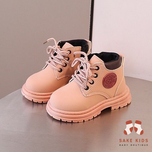 Giày bốt cao cổ cho bé trai bé gái, Bốt trẻ em da mềm mại đế cao su chống trơn phối dây buộc dễ thương mới nhất M333