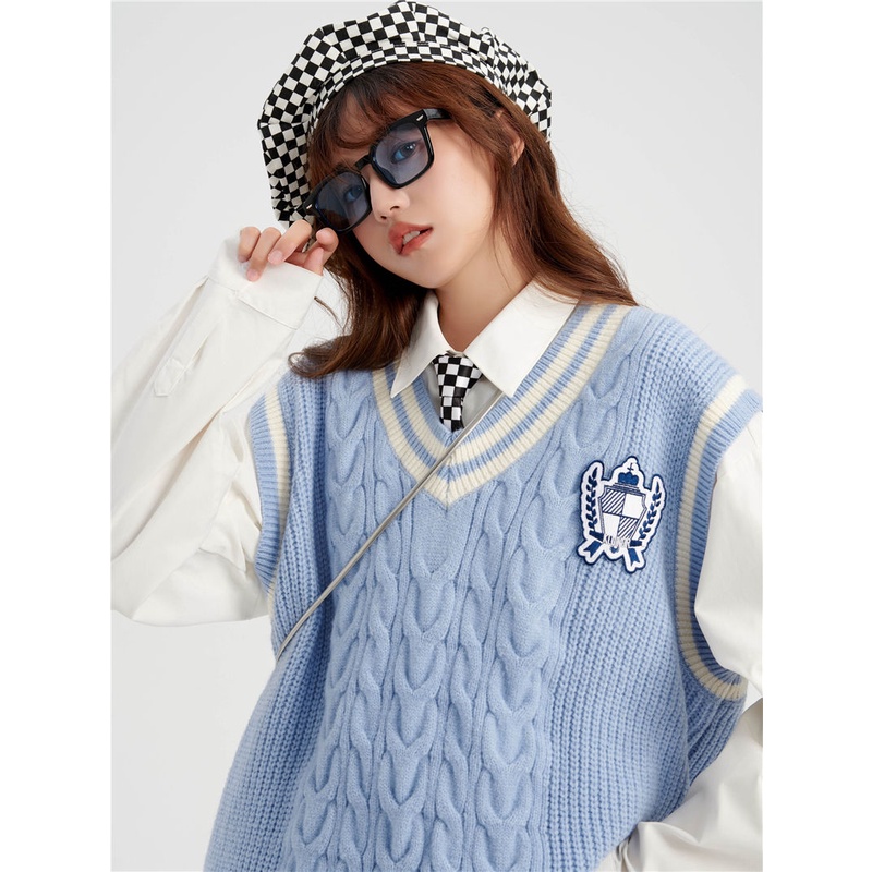 Áo sweater Dệt Kim Sát Nách Dáng Rộng Cổ Chữ v Thêu Họa Tiết Huy Chương Thời Trang Mùa Thu Cho Nữ