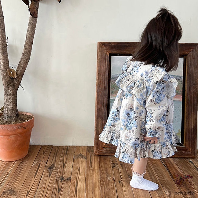 Đầm Công Chúa Tay Dài In Hoa Phối Bèo Kiểu Hàn Quốc Xinh Xắn Cho Bé Gái
