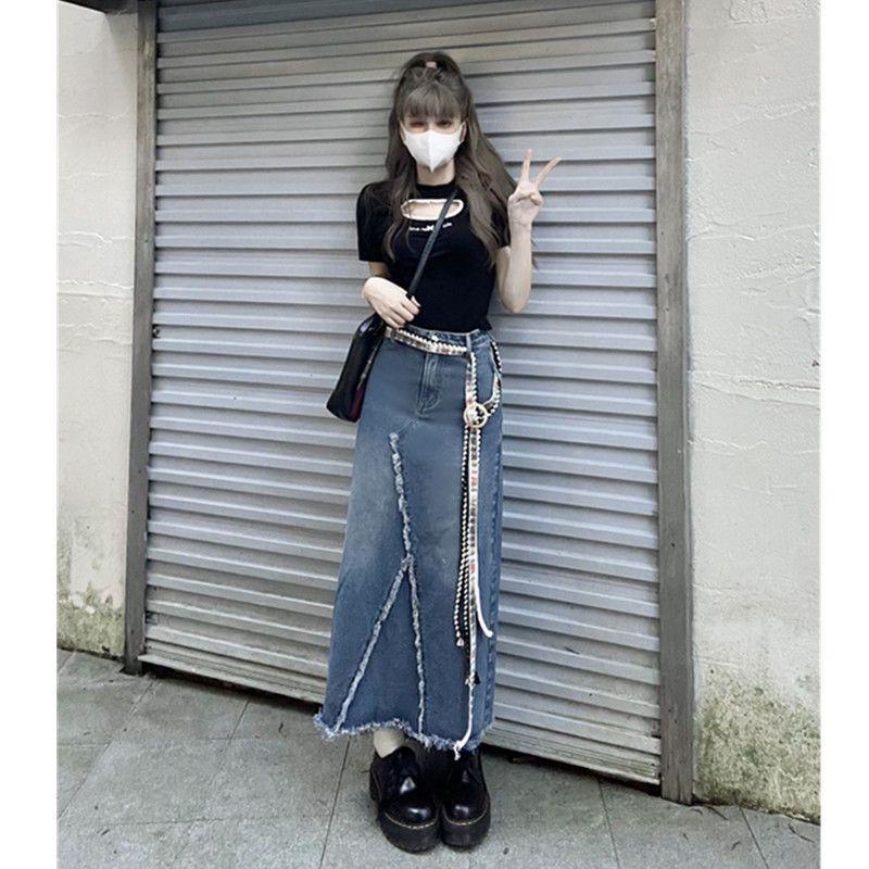 Chân Váy Denim Dài Dáng Chữ A Lưng Cao Viền Rách Màu Xanh Dương Retro Mỹ Dễ Phối Đồ Cho Nữ