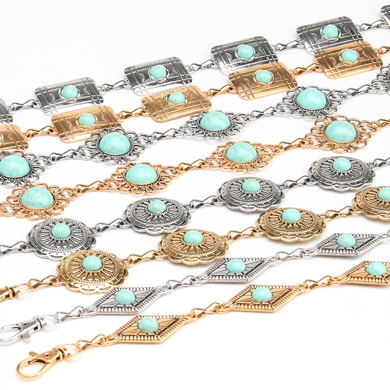 Thắt Lưng Dây Xích Họa Tiết Kim Loại Đính Đá Ngọc Lam Phong Cách Retro Thời Trang Cho Nữ