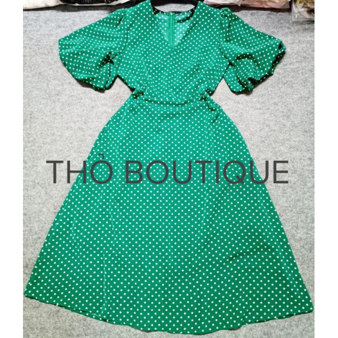Đầm xoè FOREVER21 lụa cổ V tay ngắn phồng xanh lá chấm bi trắng