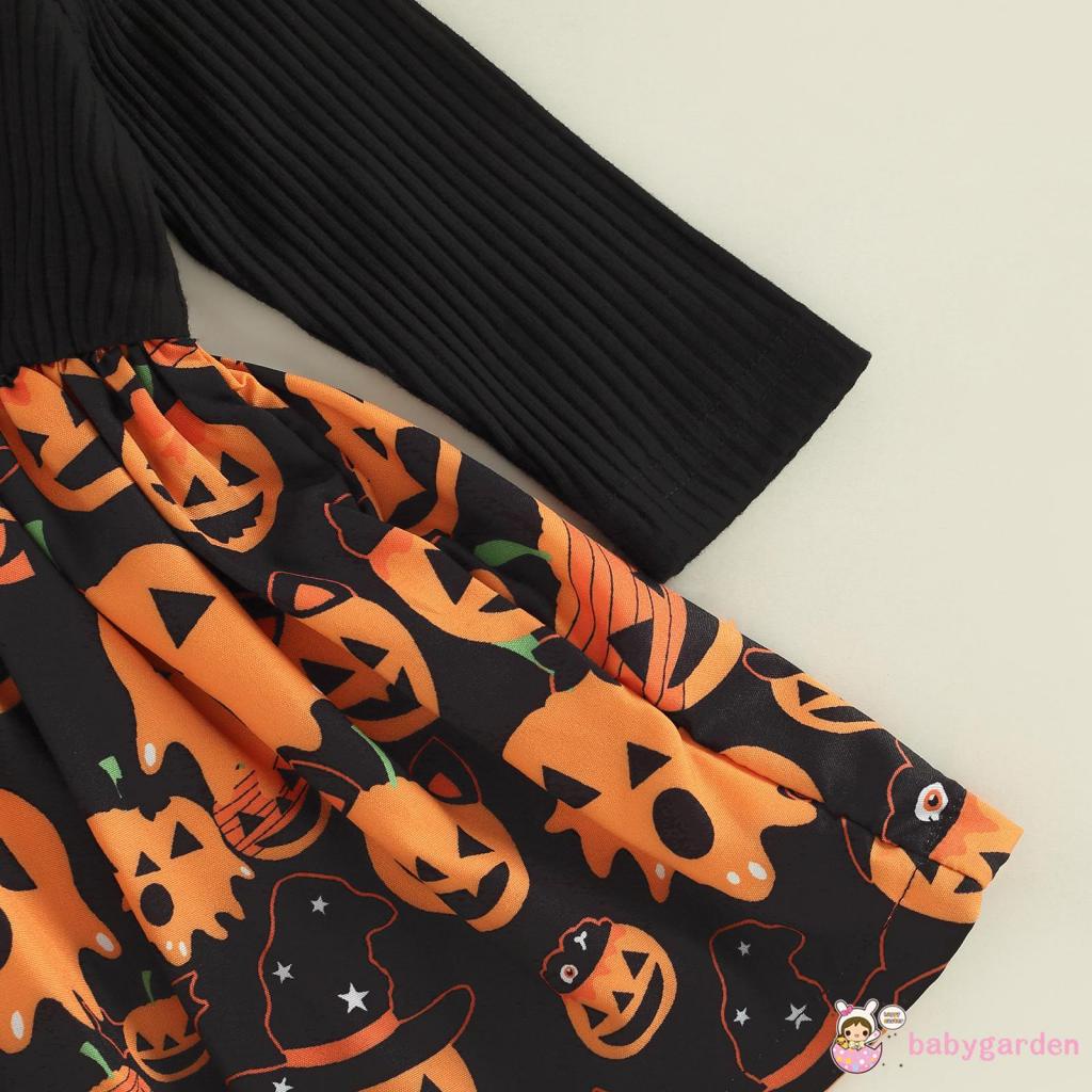 Đầm Tay Dài Phối Bèo In Họa Tiết Halloween Đơn Giản Cho Bé Gái 3-24 Tháng Tuổi