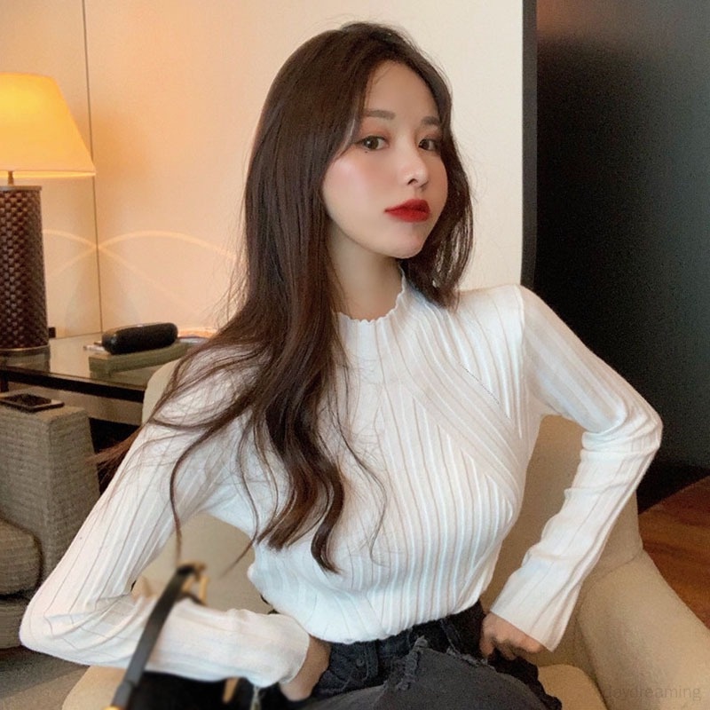 Áo Sweater Dệt Kim Tay Dài Cổ Lọ Màu Sắc Đơn Giản Phong Cách Hàn Quốc Cho Nữ