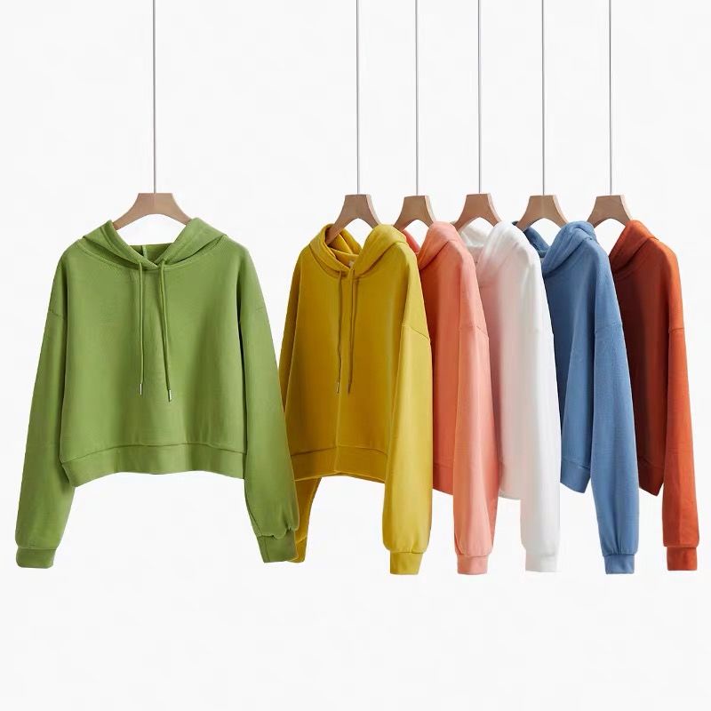 Áo Hoodie Lửng Tay Dài Dáng Rộng Eo Cao Trẻ Trung Phong Cách Hàn Quốc