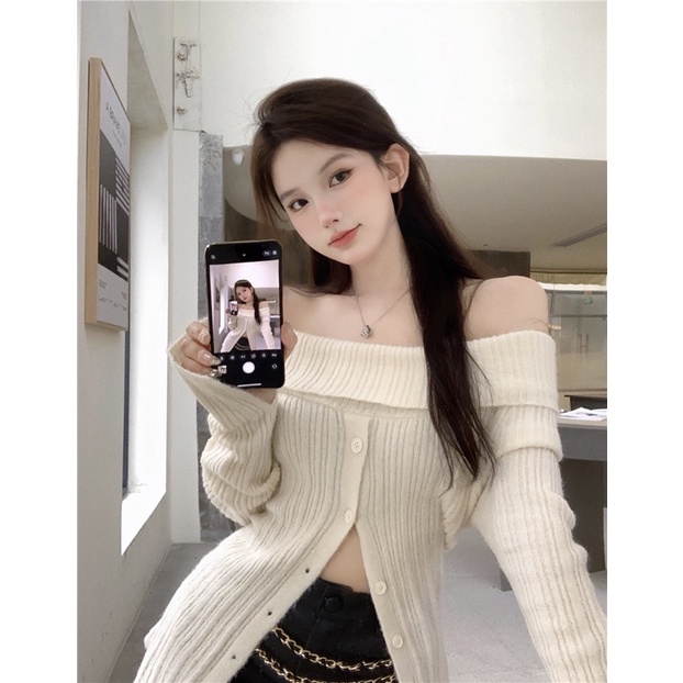 Áo len tay dài dệt kim trễ vai xẻ tà nhiều màu cúc cài mùa thu tiểu thư nữ tính ấm áp học sinh korean dễ thương cá tính