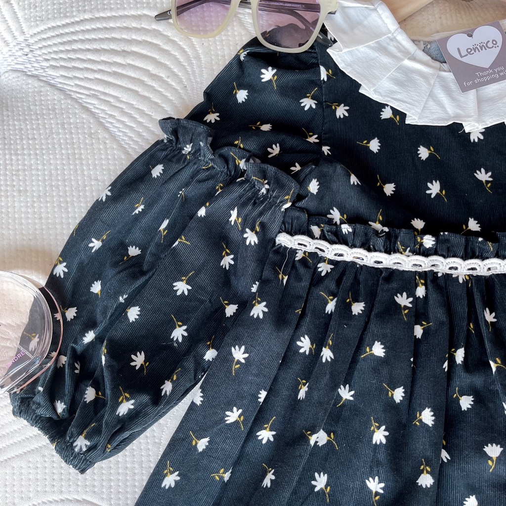 Váy Lennco nhung tăm đen cổ xếp ly cho bé gái