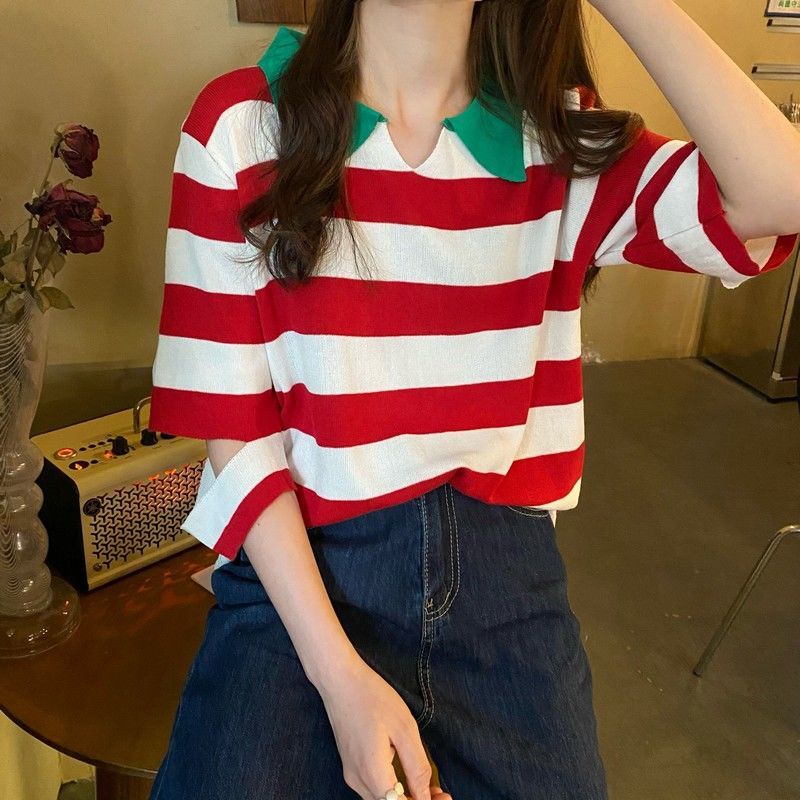 Áo Thun Polo Ngắn Tay Form Rộng Họa Tiết Kẻ Sọc Trẻ Trung Dành Cho Nữ